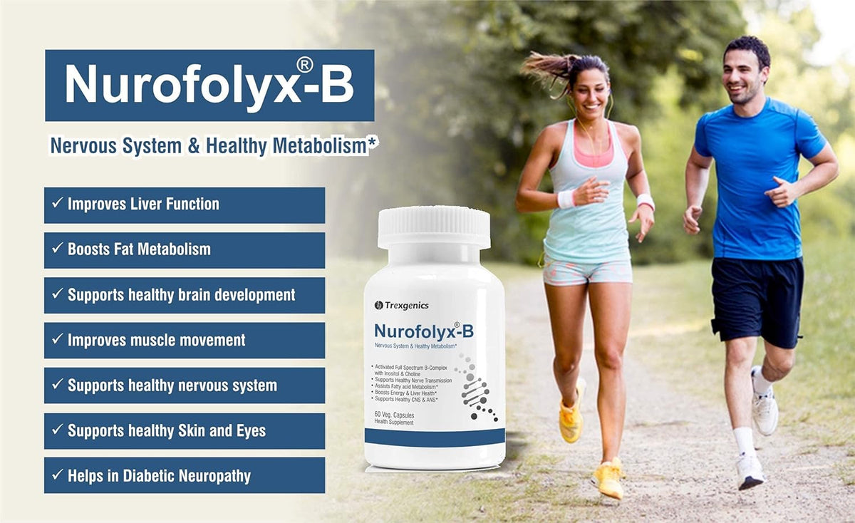 Nurofolyx-B supplement bottle with a man and woman running outdoors, highlighting product benefits.