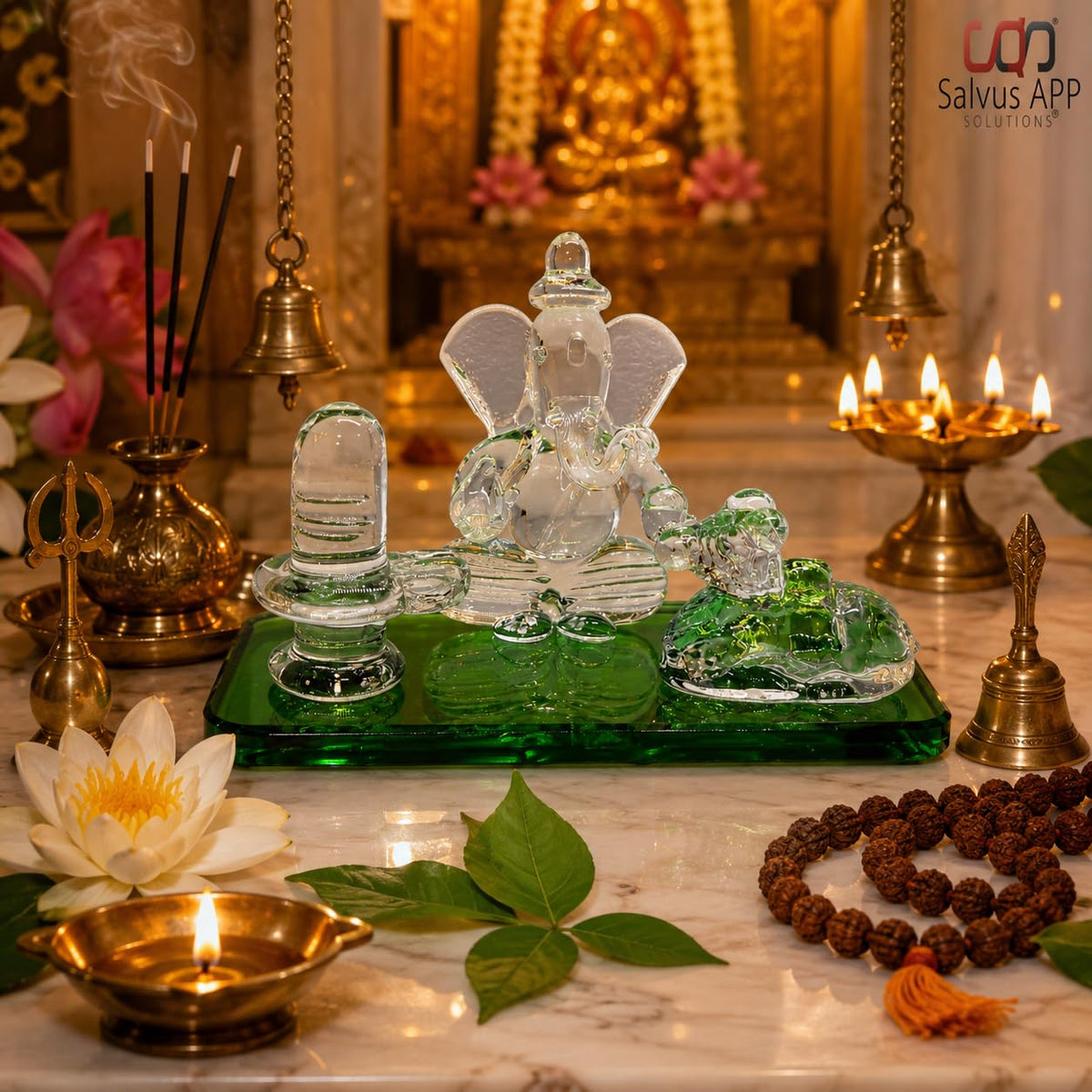 Crystal Glass Shiva Ganesha Nandi Statue, Decorative Religious Showpiece for Home, Temple & Office, Green Hindu God Idol for Pooja Room & Spiritual Decor, 4 x 2.5 Inch