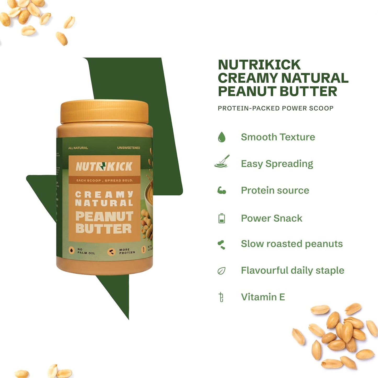 NUTRIKICK Natural Creamy Peanut Butter | 100% Roasted Peanuts | No Added Sugar or Salt | High Protein Vegan Nut Spread| Zero Trans Fat & Non-GMO | Perfect for Keto, Gym & Weight Loss