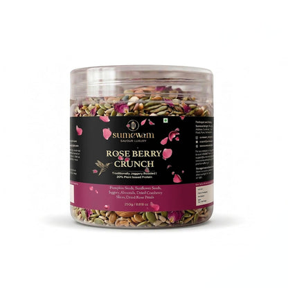 Sumewam Jaggery Roasted Seed/Trail Mix 250gm For Eating - Rose Berry Crunch, Roasted Pumpkin Seeds, Sunflower Seeds & Berries Mix with Jaggery, Almonds & Dried Rose Petals, High Plant Protein Healthy Snack