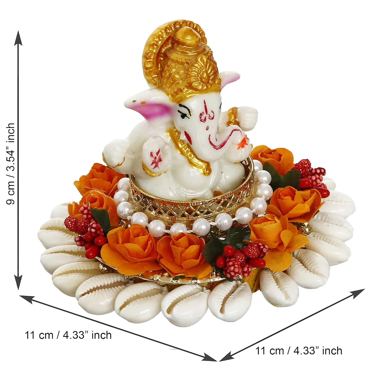 Polyresin Lord Ganesha Idol On Shells and Orange Floral Decorative Handcrafted Plate - Exquisite Hindu God Statue for Home, Temple, Office, Car Dashboard - Gift for Housewarming, Birthday