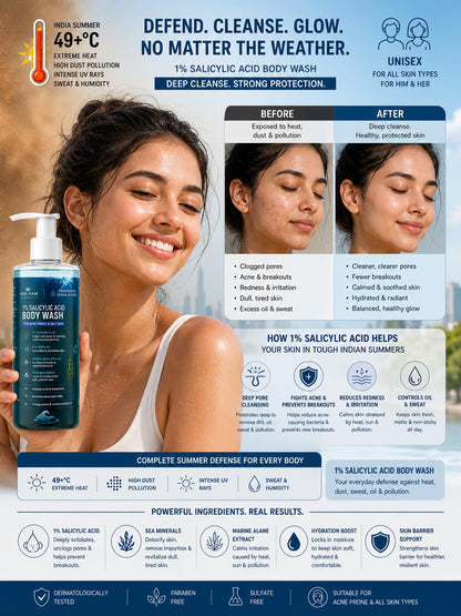 VEE-VAH LUXURY 1% Salicylic Acid Body Wash 250ml | Acne Body Wash for Oily Skin | Exfoliating Body Cleanser for Back Acne & Breakouts | Deep Pore Cleansing with Marine Extracts | Unisex Skincare