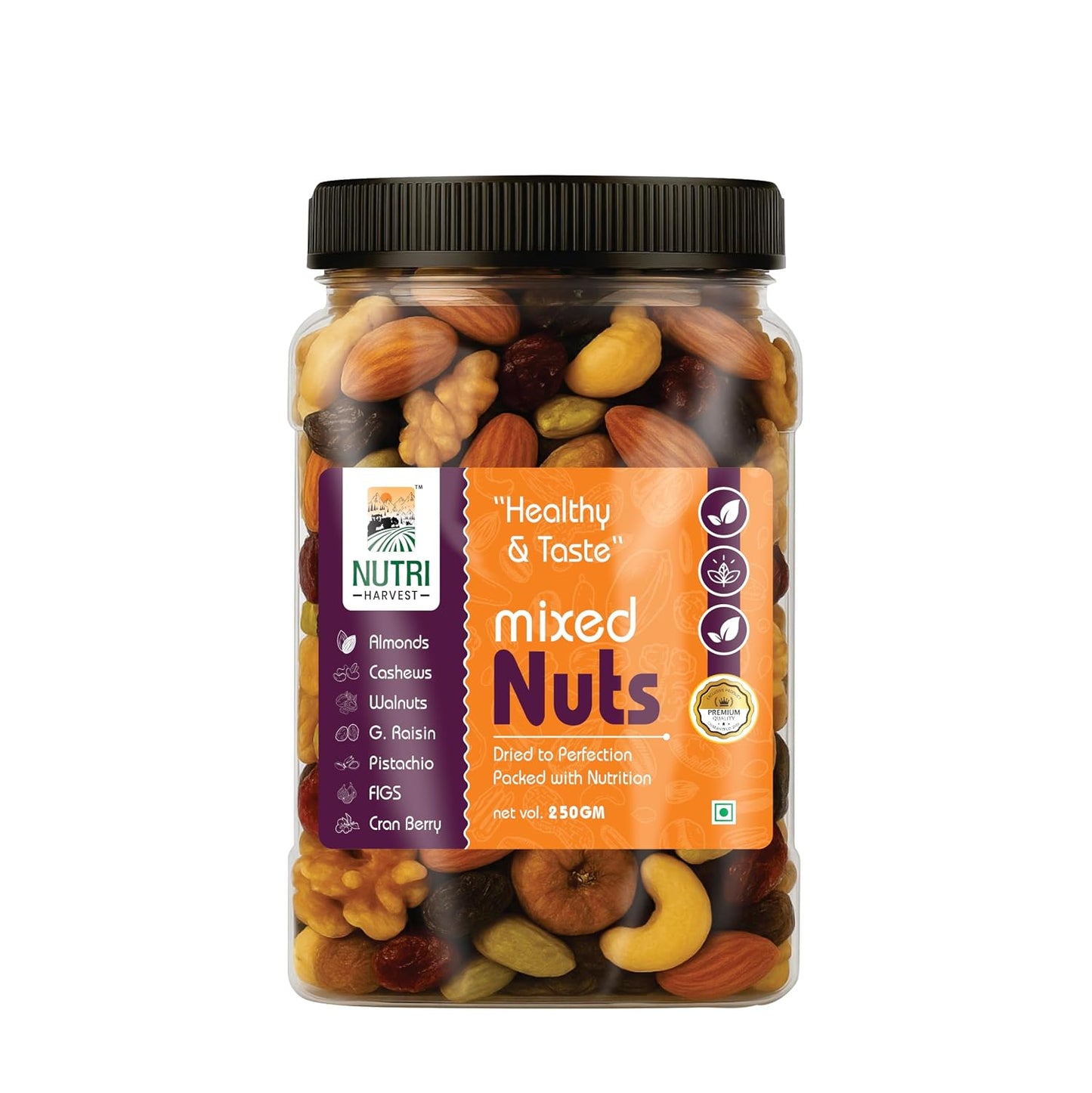 NUTRI HARVEST Premium Mixed Nuts and Dried Fruits 250g,| Almonds, Cashews, Walnuts, Pistachios, Figs, Raisins, Cran berry| Fit for fasting| Resealable jar for freshness