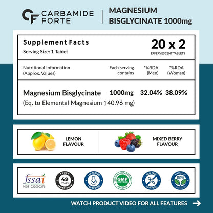 Carbamide Forte Magnesium Supplements Bisglycinate Effervescent Tablets 1000mg | Magnesium Glycinate Tablets | Supports Sleep, Muscle Cramp & Nerve Function - 2 X 20 Tablet - Lemon & Mixed Berry Flavour