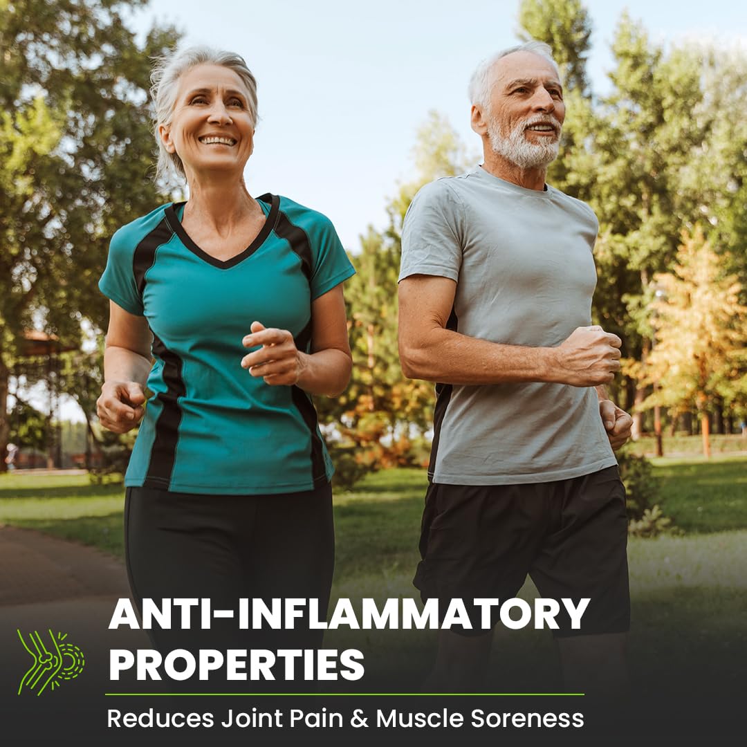 Two people jogging outdoors with text about anti-inflammatory properties.