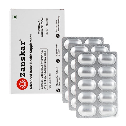 Zanskar Advanced Bone Health Tablet (30 Tablets) | Calcium, Vitamin D3, Vitamin K2, Collagen, Magnesium & Zinc (1200mg) | 100% Veg | Bone Health and Joint Support