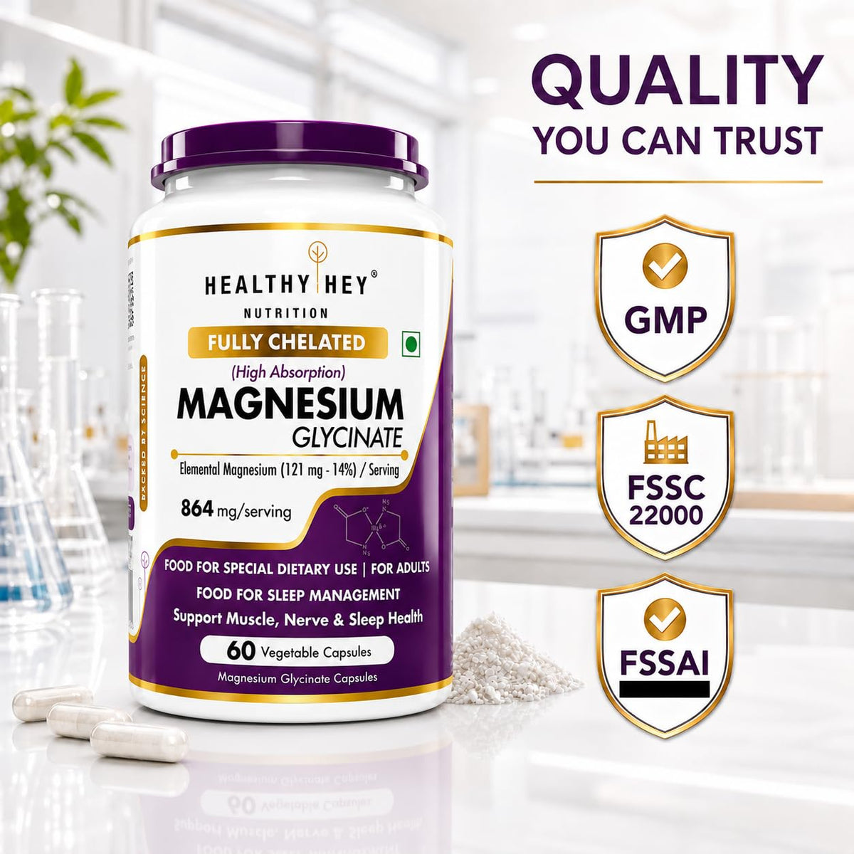 HealthyHey Nutrition Magnesium Glycinate 14% Fully Chelated Supplement High Absorption for Sleep, Cramps, & Nerves Health - 60 Vegetable Capsules