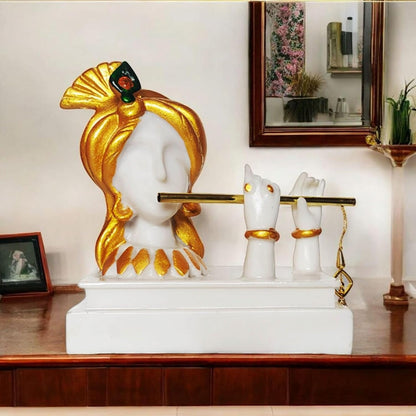 Decorative Krishna Idol Playing Flute Figurine, White and Gold Resin,Showpiece for Home Decor Living Room House Warming Gift Krishna Statue for Good Luck Wealth properity19x11x19 cm