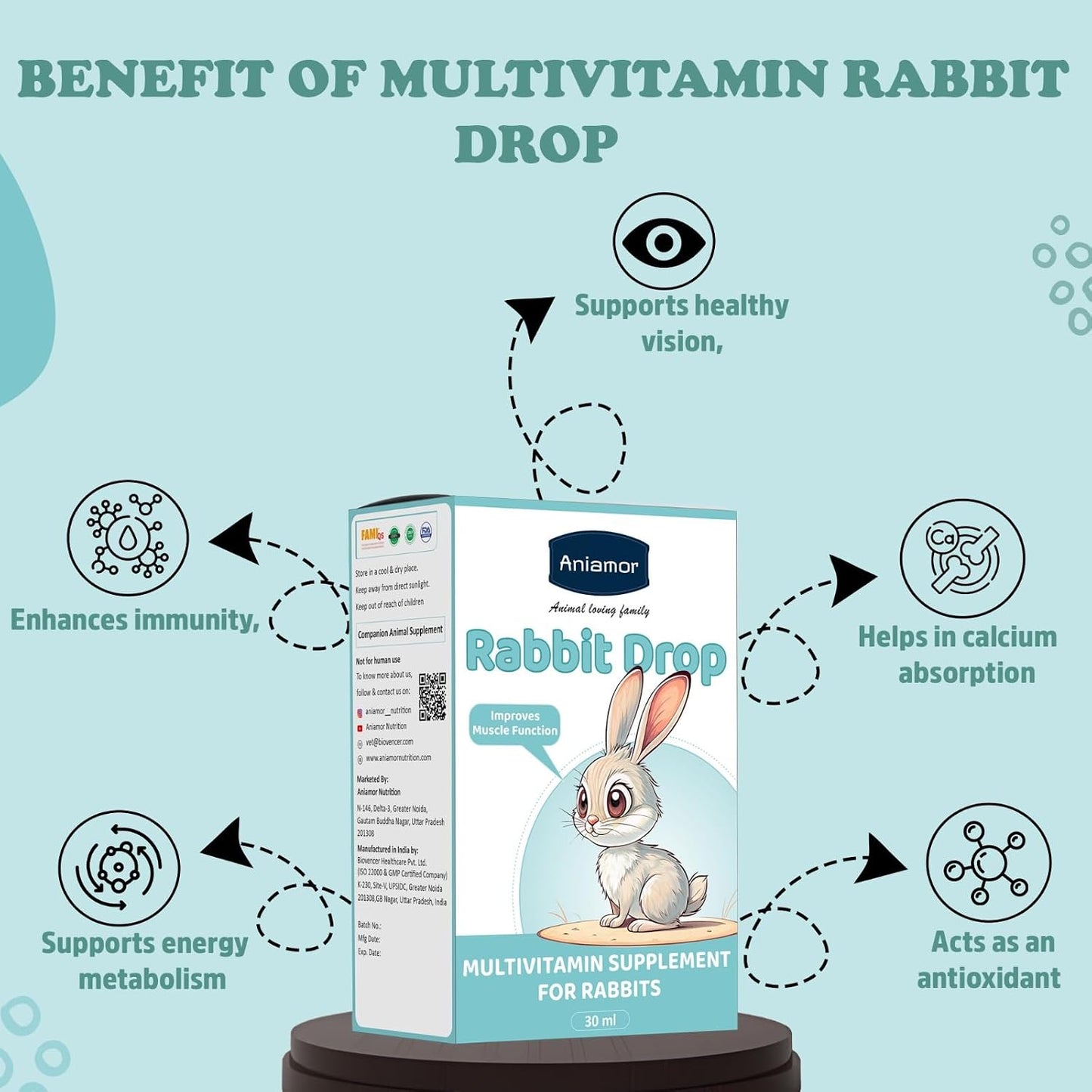 Aniamor Rabbit Multivitamin Drops 30 ml | Biotin, Vitamins A, C, D3, E & B-Complex | Daily Nutritional Supplement for Rabbits | Apple Flavour | All Life Stage