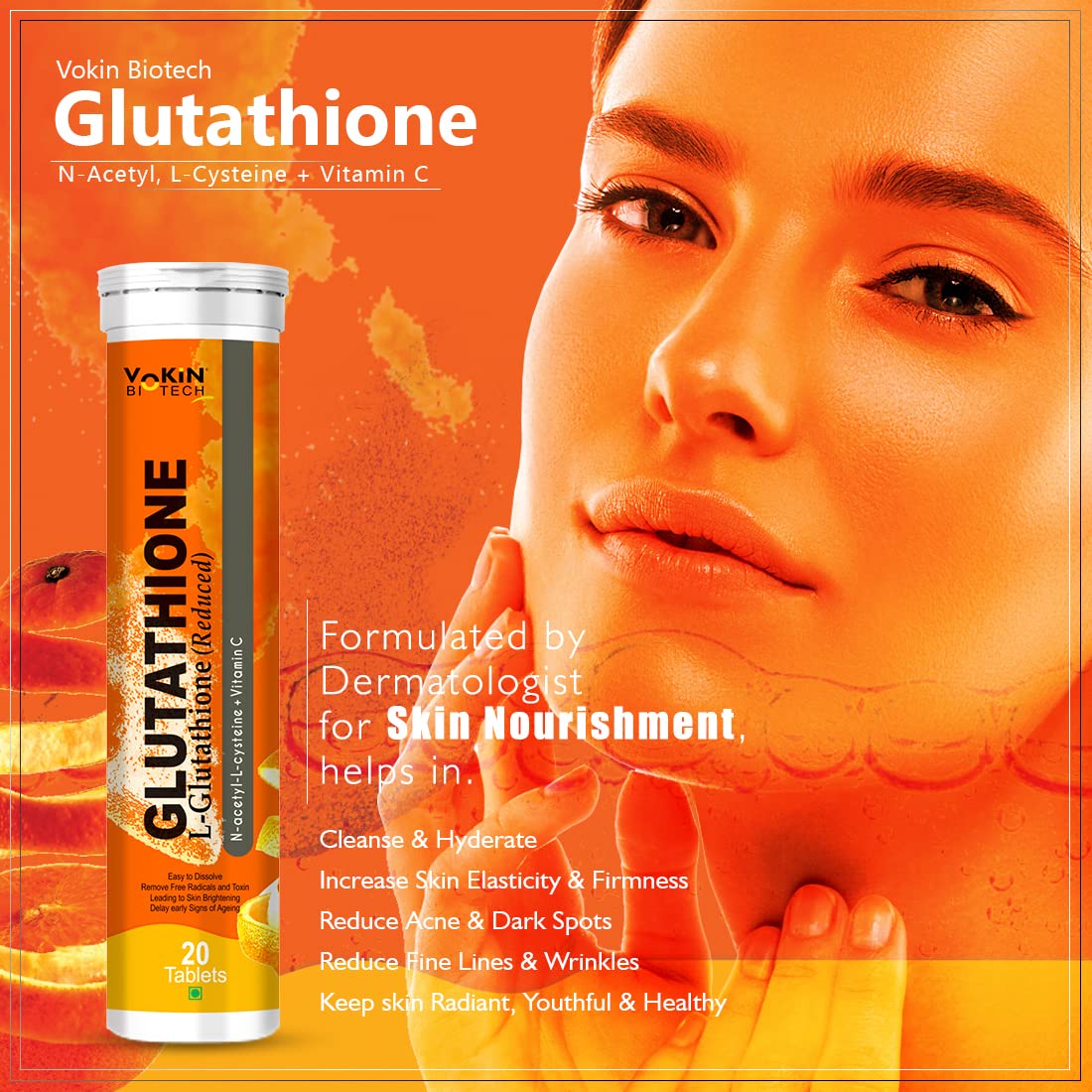 Vokin Biotech Glutathione supplement with a woman's face on an orange background