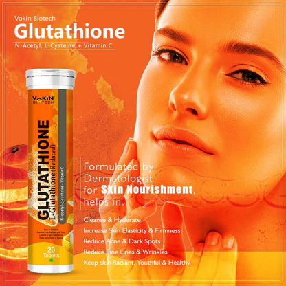 Vokin Biotech Glutathione supplement with a woman's face on an orange background