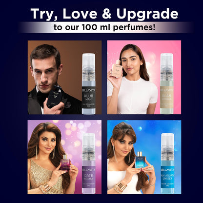 Advertisement for Bellavite perfumes featuring four people with different scents.