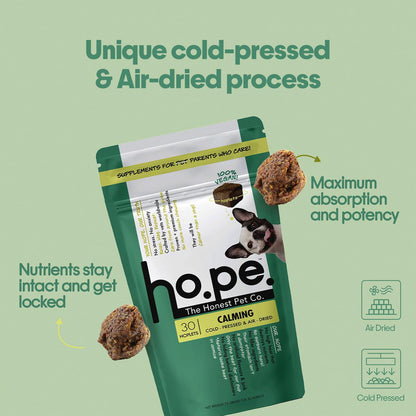 Hope Calming Chews for Dogs - 30 Vegan Hoplets | Pet Chews for Aggression, Stress & Anxiety Relief | with Ashwagandha, Magnesium | Cold Pressed, Hypoallergenic| Honest Pet Co