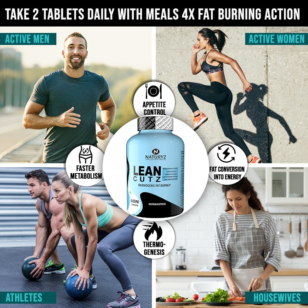 Advertisement for Lean Cutz supplement with images of people exercising and a woman cooking, highlighting its benefits.
