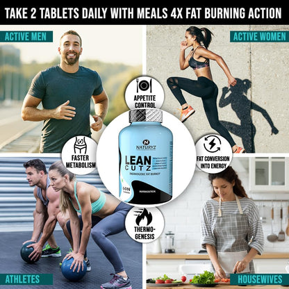 Advertisement for Lean Cutz supplement with images of people exercising and a woman cooking, highlighting its benefits.