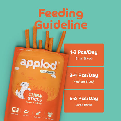 Applod Soft Carrot & Chicken Chew Sticks for Puppies & Adult Dogs | Natural Vegetable-Based Soft & Chewy Treats | Supports Healthy Chewing for All Breeds | 70g