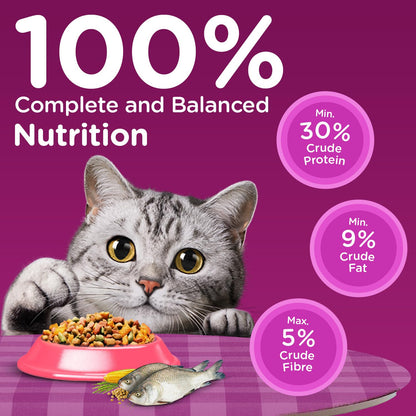Whiskas Adult (1+ Years) Dry Cat Food, Catla Fish Flavour, 1.2 kg, Powered with 40 Essential Nutrients, Complete & Balanced Nutrition for Adult Cats