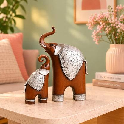 Thai Style Elephant Figurines Mother & Child Elephant Fengshui Resin Sculptures for Home Decor Ornament - (Set of 2, Brown)