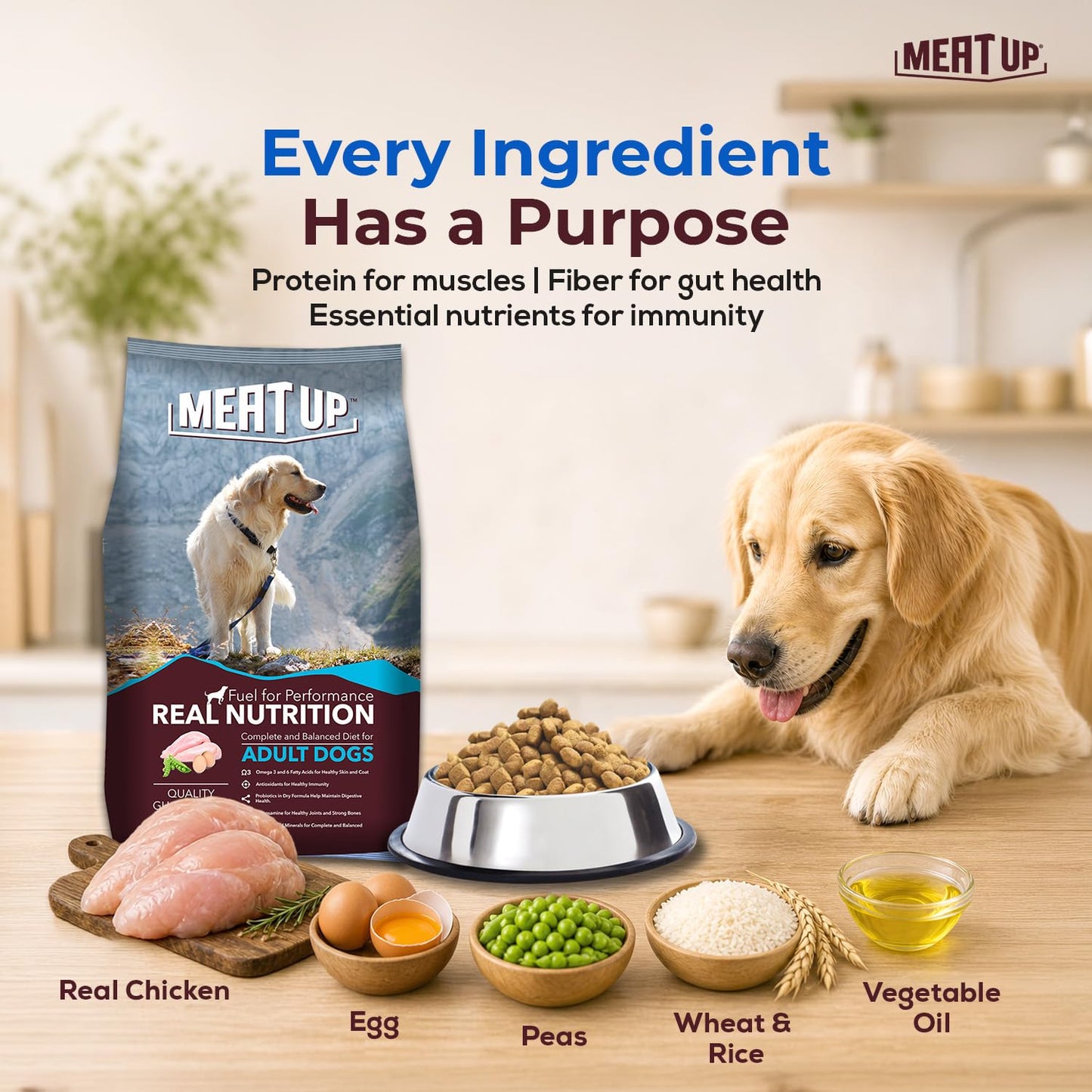 Meat Up Adult Dry Dog Food 1.2kg | Chicken Flavour | Healthy Skin & Coat | Antioxidants | Enriched with Vitamins & Minerals