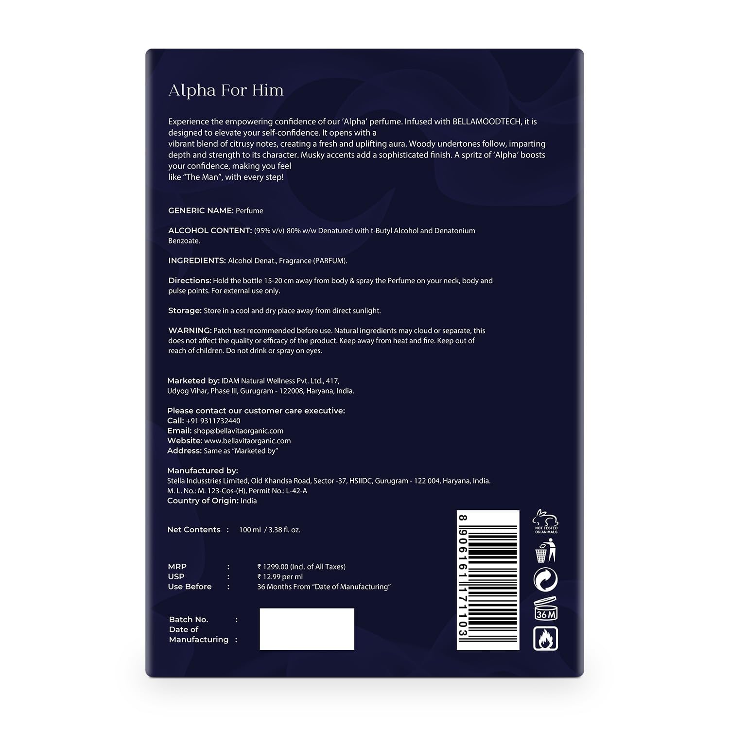 Back label of a perfume bottle with text and product details on a white background