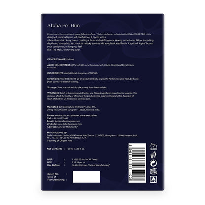 Back label of a perfume bottle with text and product details on a white background