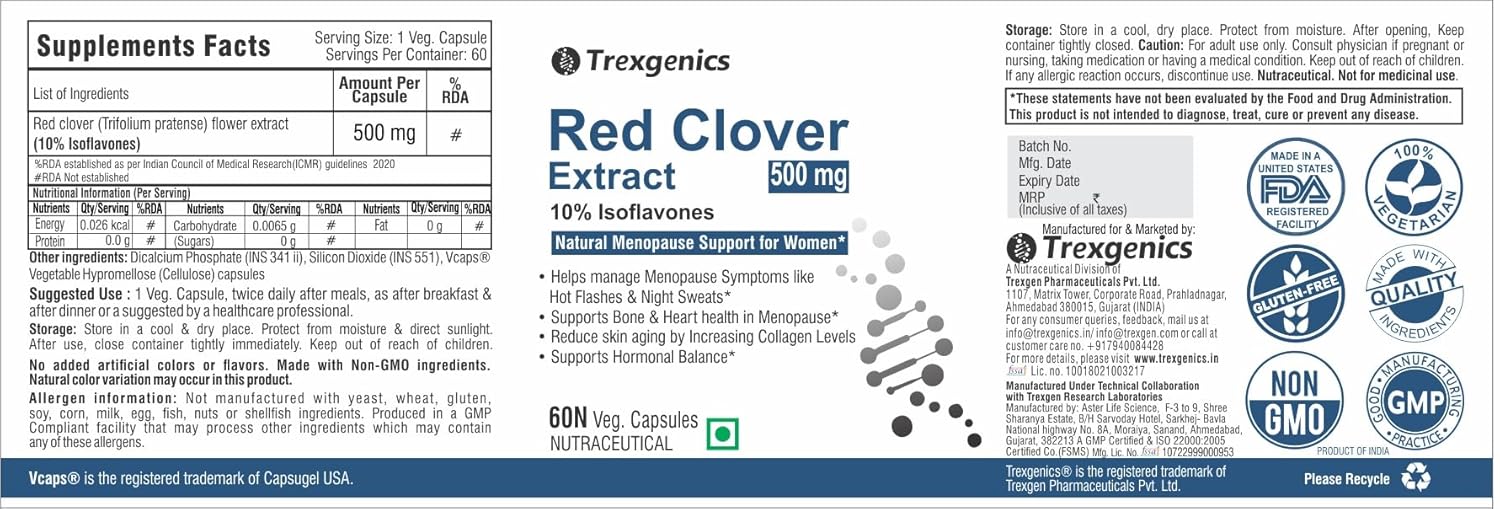 Tregenics Red Clover Extract supplement label with nutritional information and branding.