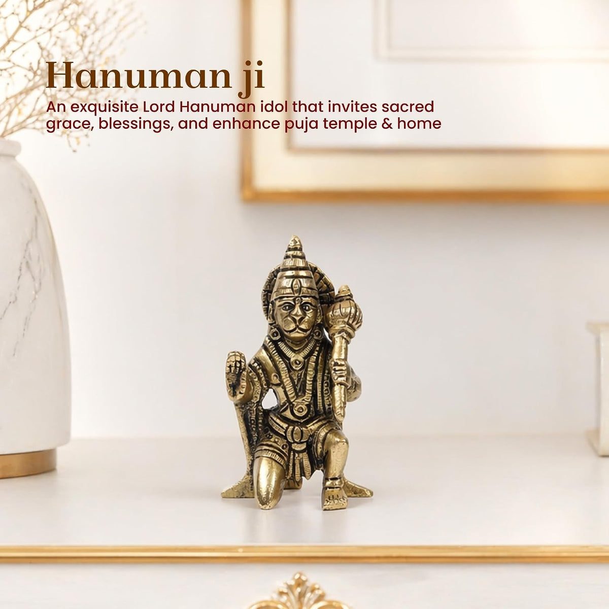 Brass Hanuman Ji Idol | Handcrafted Hanuman Murti for Pooja Room | Home Temple & Festival Gift (Design10: L5 x W5 x H8 cm)