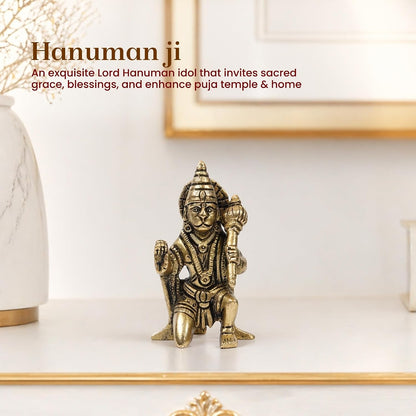 Brass Hanuman Ji Idol | Handcrafted Hanuman Murti for Pooja Room | Home Temple & Festival Gift (Design10: L5 x W5 x H8 cm)