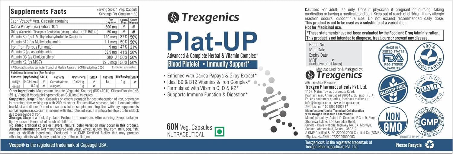 Trexgenics Plat-UP supplement label with branding and certification logos.