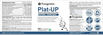 Trexgenics Plat-UP supplement label with branding and certification logos.