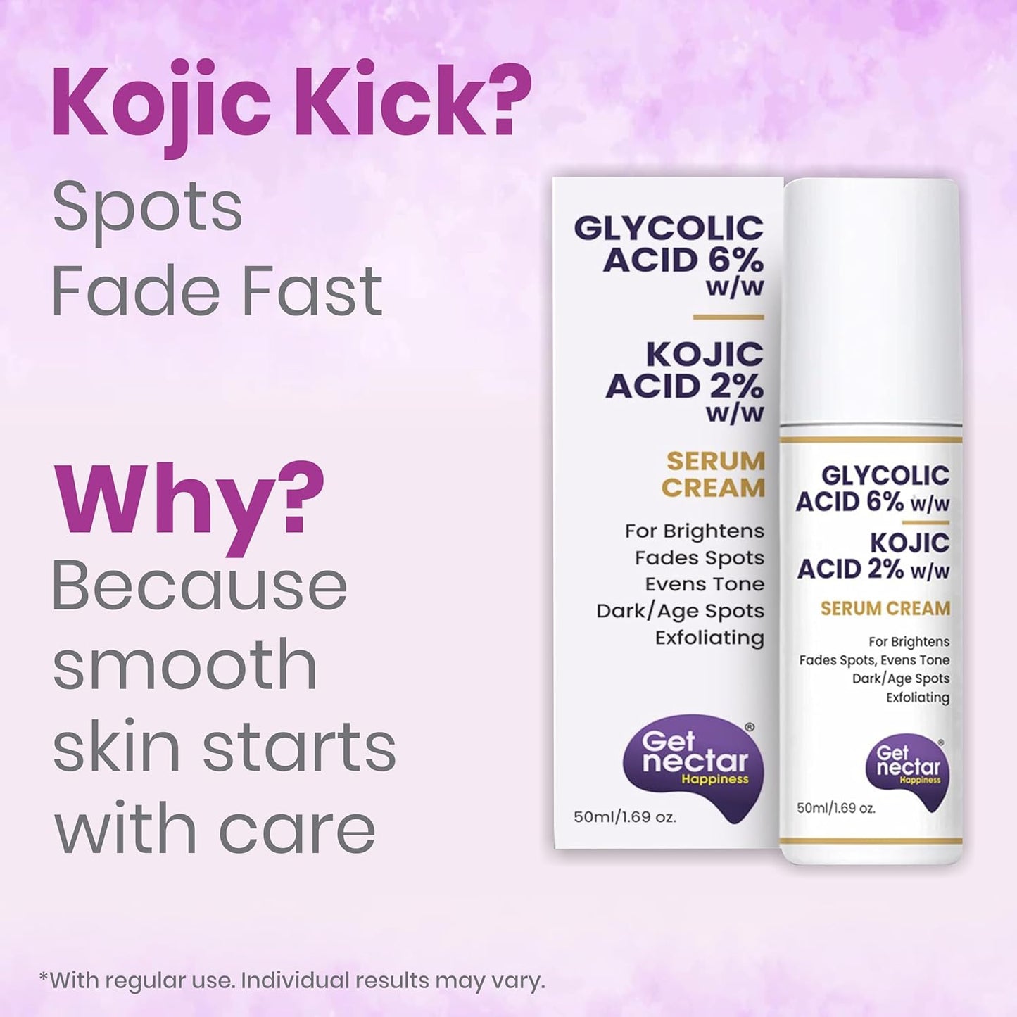 Get Nectar Happiness 6% Glycolic & 2% Kojic Acid Serum Cream Helps Reduce Pigmentation, Acne Scars, Dark, Age Spots, Blemishes & Uneven Skin Tone. Promotes a Brighter, Smoother-Looking Complexion 50ml