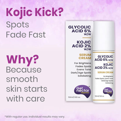 Get Nectar Happiness 6% Glycolic & 2% Kojic Acid Serum Cream Helps Reduce Pigmentation, Acne Scars, Dark, Age Spots, Blemishes & Uneven Skin Tone. Promotes a Brighter, Smoother-Looking Complexion 50ml