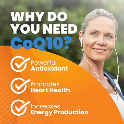 Woman exercising outdoors with text about CoQ10 benefits on an orange background