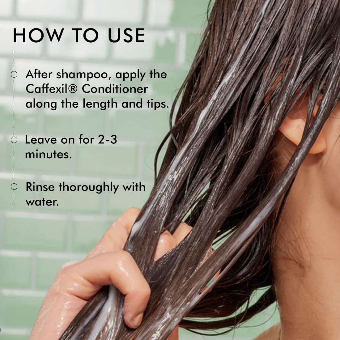 Instructions on how to use Caffexil conditioner with a close-up of wet hair.