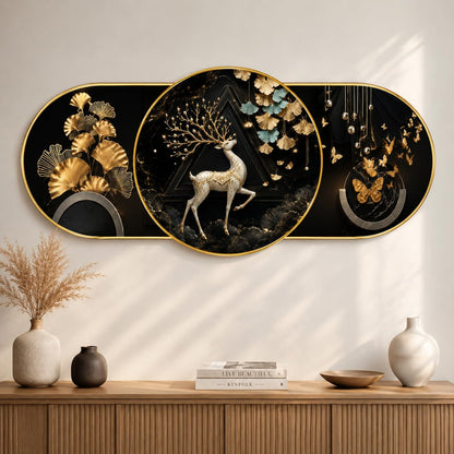 Golden Deer & Butterfly Wall Painting for Living Room Bedroom Decor, Black Gold Floral Round Art with Premium PVC Golden Frame (16 x 35 Inch)