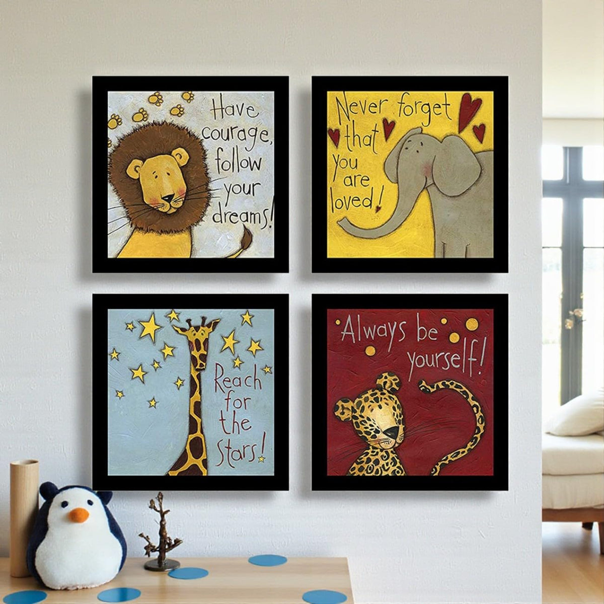 Motivational Animals Wall art paintings for living room, Motivational Quotes Framed Painting, set of 4, 9x9 Inch