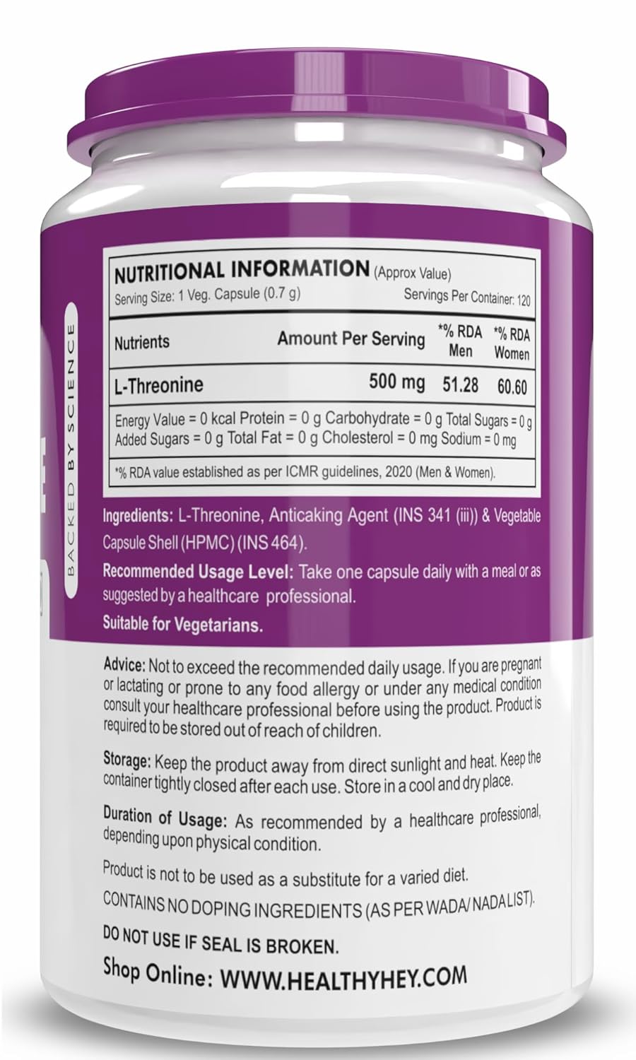 Nutritional information label on a supplement container with purple lid.