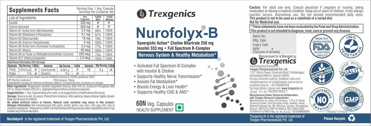 Supplement label for Trexegenics Nurofolyx-B with various logos and text.