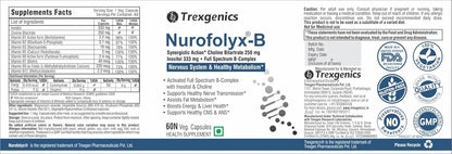 Supplement label for Trexegenics Nurofolyx-B with various logos and text.