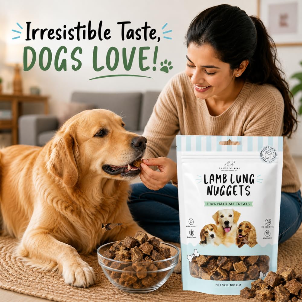 PAWPOURRI Natural Lamb Lung Nuggets Dog Treats, 100gm | Protein Rich Chewy Snacks for Dogs | Suitable for All Breeds & Life Stages | Daily Training & Reward Treats (Pack of 1)