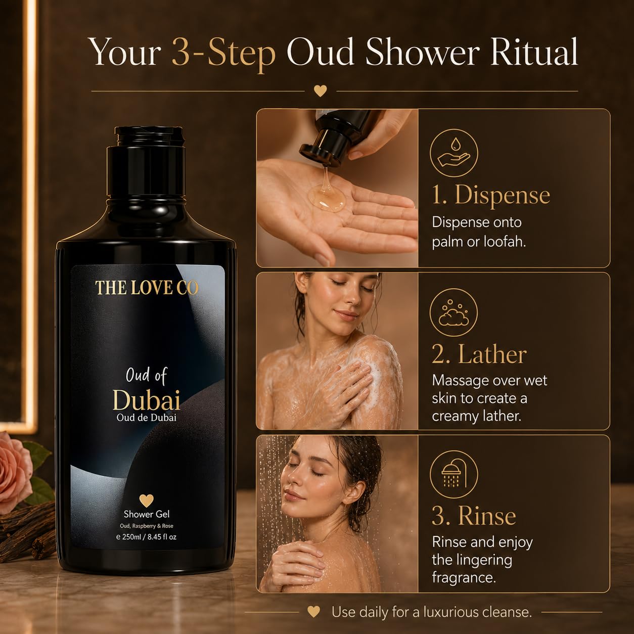 THE LOVE CO Oud of Dubai Body Wash 250ml | Luxury Oud Shower Gel for Men & Women | Hydrating Body Cleanser with Niacinamide & Shea Butter | Paraben Free Daily Bath & Shower Gel