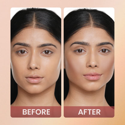 Before and after comparison of a woman's face with dark hair on a beige background.