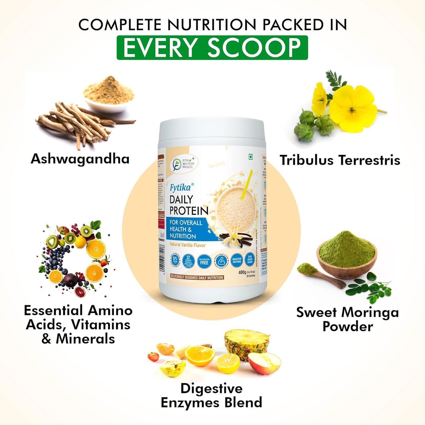 Fytila Daily Protein supplement with health benefits listed on a white background