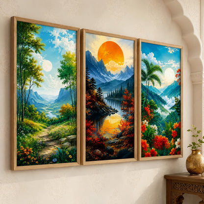 Set of 3 Mountain Valley Nature Wall Paintings with Sparkle Laminate, Premium Wooden Synthetic Frame, Sunrise Moon Landscape Art for Living Room Bedroom Decor