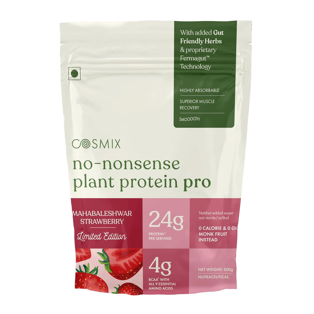 Cosmix no-nonsense plant protein pro package with strawberry flavor on a white background