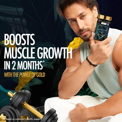 Man holding a supplement bottle with text about muscle growth and gold power