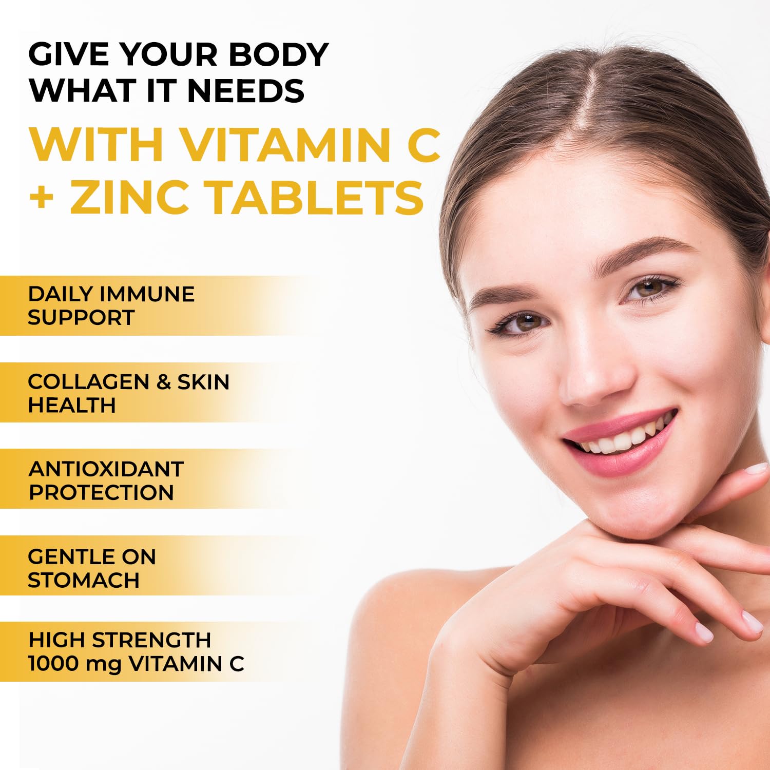 Advertisement for vitamin C and zinc tablets with a woman's face and product benefits listed.