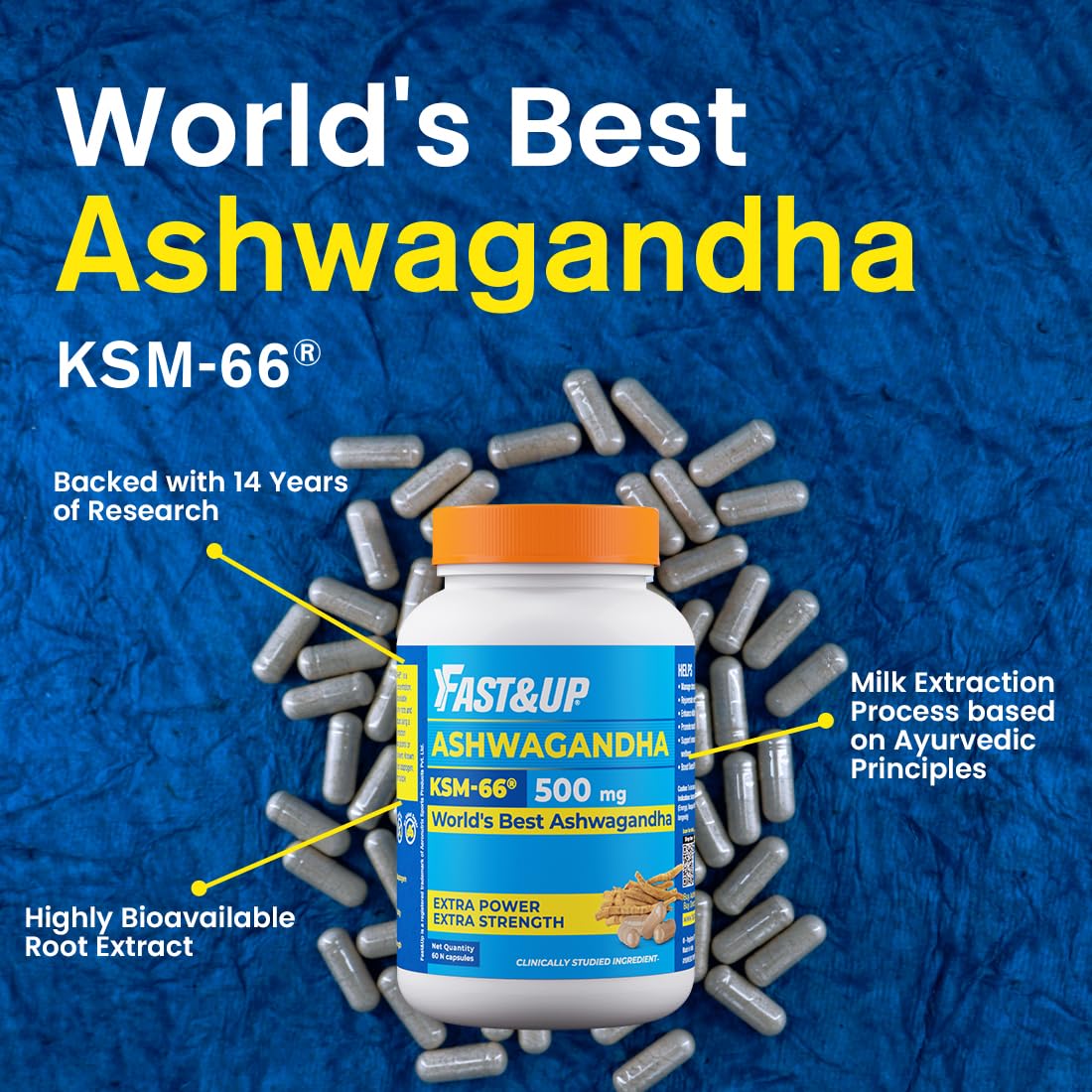 Fast&Up 500mg KSM-66® Ashwagandha – World's Best Ashwagandha (60 Capsules) for Extra Strength & Power | Stress Relief | Natural Vitality Booster | Pure & Potent
