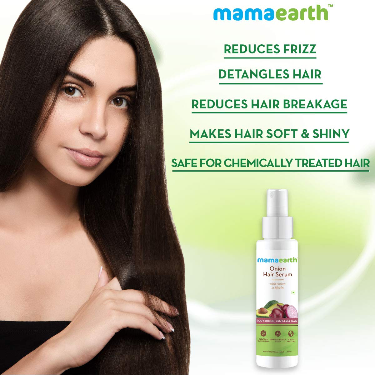 Mamaearth Onion Hair Serum For Silky & Smooth Hair, Tames Frizz, with Onion & Biotin for Strong, Tangle Free & Frizz-Free - 100 ml