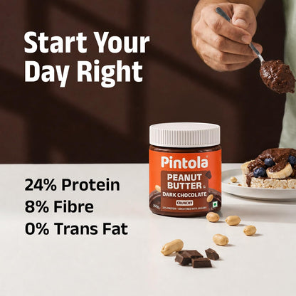 Pintola Peanut Butter Chocolate Flavour Crunchy - 18.6g Protein & 5.2g Dietary Fiber, Made with Premium Roasted Nuts & Cocoa, Gluten Free, Zero Cholesterol & Trans Fat, Vit E & B3, Dark Chocolate